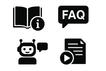 Fototapeta premium Information Support Icon Set of 4 Vector Glyph Pictograms for Help Center, Documentation, Knowledge Base, Book, Document, Speech Bubble, FAQ, Chatbot, Tutorial, Black Style