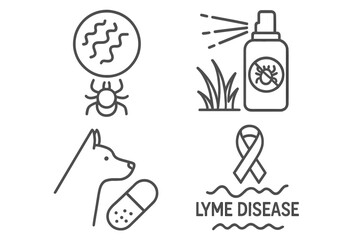 Lyme disease line icon set of 4, vector pictograms of pathogen spirochete, tick insect, repellent spray on grass, dog with antibiotic pill, doxycycline, disease prevention