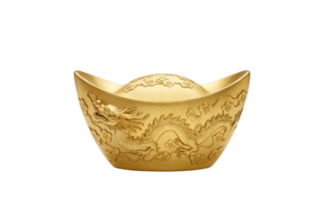 Golden dragon-engraved ingot displayed with ornate floral patterns transparent background