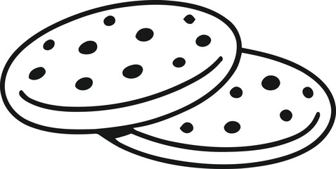 Simple black and white outline drawing of two happy cookies with chocolate chips