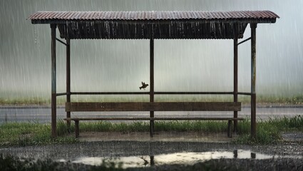 A solitary bus stop, sheltered by a weathered roof, stands as a refuge amidst a downpour of rain, evoking a sense of quiet contemplation and transient anticipation.