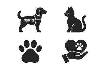 Pet service animal icon set of 4. Vector glyph pictograms of dog, cat, paw print, carrier, veterinary care, adoption, training, black silhouette illustration, animal welfare, pet care
