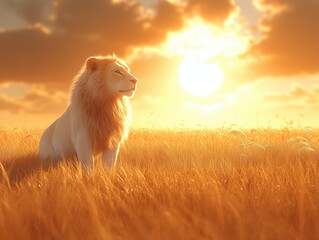 White Lion Sitting at Sunset in the Savanna