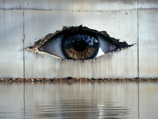 Giant Eye Peering Through Concrete Wall with Water on the Floor