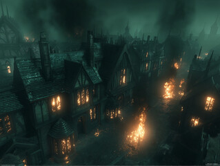 Dark Medieval City Engulfed in Flames