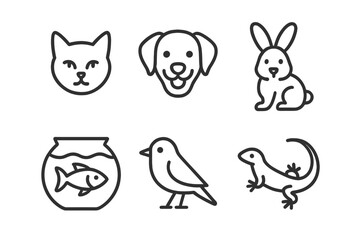 Naklejka premium Minimalist Pets Line Icon Set – Cat, Dog, Rabbit, Fish, Bird, Lizard – Thin Linear Animal Pictograms, Domestic Pet Vector Illustration, Transparent Background