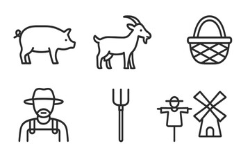 Agriculture and farm life line icon set. Vector pictograms of farm animals like pig and goat, farmer with pitchfork, scarecrow, windmill, basket with eggs, and beekeeper.