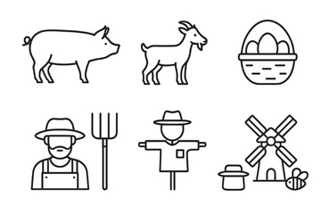 Agriculture and farm thin line icon set. Vector pictograms of pig, goat, farmer, scarecrow, windmill, beekeeping. Rural life and farming outline symbols collection.