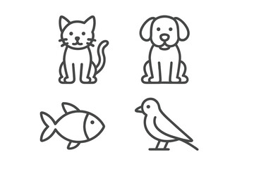 Minimalist Pet Line Icons Set – Cat, Dog, Fish, Bird – Modern Thin Linear Animal Illustrations, Simple Domestic Animal Pictograms, Vector Isolated on Transparent Background