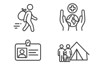 Refugee crisis line icon set. Humanitarian aid pictograms. Migration, relief efforts, global support, displaced person ID card, tent shelter, family, asylum seeker.