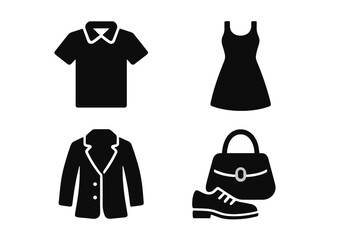 Clothing and fashion icon set. Vector glyphs of shirt, dress, jacket, shoes, handbag. Apparel and accessories for wardrobe. Black silhouette pictogram illustration isolated.