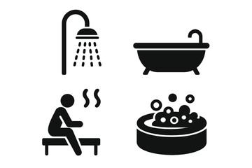 Spa and bath icon set of 4 vector glyph pictograms. Shower, bathtub, sauna, jacuzzi symbols for relaxation, hygiene, wellness, self-care, and beauty treatment concepts.
