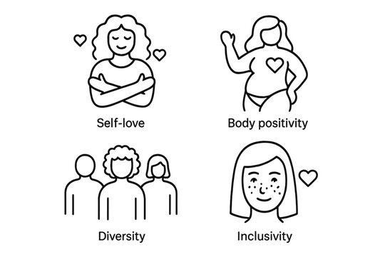 Self-love and body positivity line icon set. Vector pictograms of self-acceptance, mental health, and well-being. Includes icons for diversity, inclusivity, curvy body, freckles.