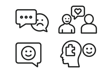 Mental health and psychology line icon set. Emotional states like happy, sad, love. Communication & feelings icons. Head with puzzle for therapy and solutions concept.