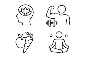 Wellness and self-care line icon set. Vector pictograms of mental clarity, fitness, nutrition, and relaxation. Concepts for meditation, mental health, stress relief.