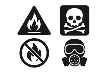 Gas safety glyph icon set of 4, vector pictograms of flammable, toxic, explosive hazards, warning signs, danger symbols, protective mask, no flame zone, black silhouette labels, hazard icons
