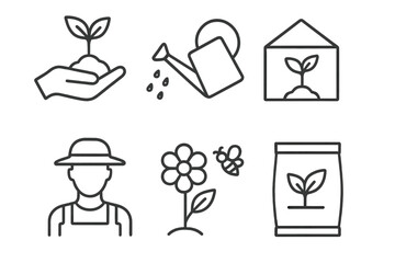 Gardening and Agriculture Line Icons Set. Vector Illustration of Seedling in Hand, Watering Can, Greenhouse, Farmer, Pollination by Bee, Flower, Fertilizer Bag. Thin Outline Pictograms