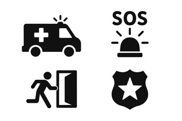 Emergency icon set featuring ambulance, SOS signal, emergency exit, and police badge. Simple black vector silhouettes for safety, first aid, alert, and security concepts.