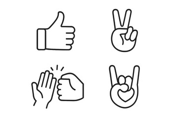 Obraz premium Hand Gesture Line Icons Set. Thumbs Up, Peace Sign, High Five, Fist Bump, Rock On, Heart Symbol. Thin Linear Vector Illustrations for Communication, Social Media, Emoji, Positive Interaction