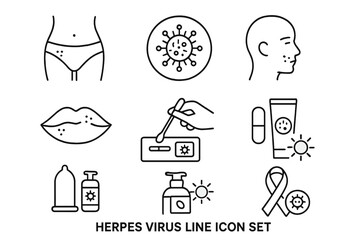 Herpes virus line icon set, vector pictograms of genital and oral herpes, lips rash, swab test, diagnosis, pill, medicine, cream, protection, condom, hygiene, sunlight