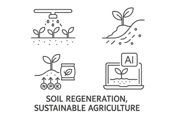Soil Regeneration and Sustainable Agriculture Line Icon Set of 4, Vector Pictograms of Irrigation, Erosion Control, Nutrient Management, and AI Farming Technology