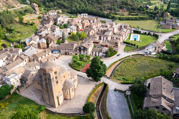 Aerial view of Santa Maria Church, Santa Cruz de la Seros, Huesca province, Aragon, Spain.