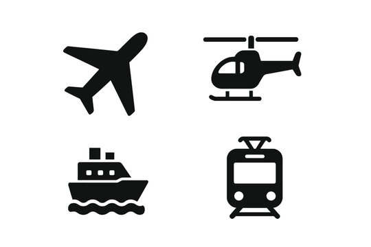 Transport glyph icon set. Vector pictograms of airplane, helicopter, boat, ferry, tram. Air travel, water transport, urban transit. Simple black silhouette symbols.