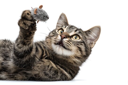 Playful tabby cat chasing a toy mouse, isolated on white. Dynamic and fun for pet toy branding