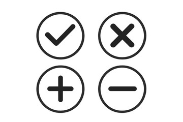 Fototapeta premium Check mark, X mark, plus and minus symbols in circle shapes, transparent background, vector icons for UI, buttons, signs, symbols, minimalist style, editable vector graphics