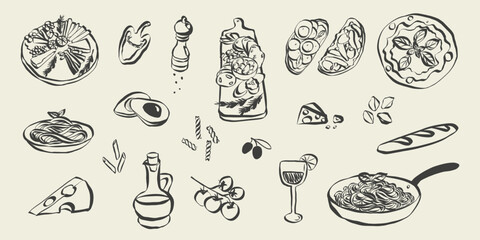 Naklejka na ściany i meble Whimsical chalk doodles of italian food. Quirky icons of breakfast and dinner meals in crayon style. Crayon drawing for menus and invitations. La dolce vita italian vector illustration