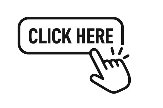 Click here button with hand cursor pointer. Website buying or registration bar icon. Hand finger arrow clicking a web sign. User interface vector graphic stock element design.