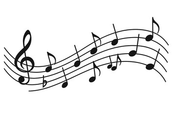 Music notes wave, group of musical notes, abstract design, transparent background, vector art, melody, harmony, music symbols, musical staff, treble clef, rhythm
