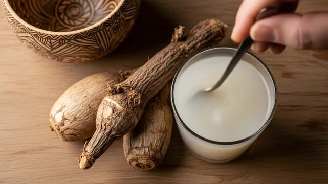 Preparing Arrowroot Drink: Stirring Arrowroot Powder in Water with Spoon, Arrowroot Roots and Bowl