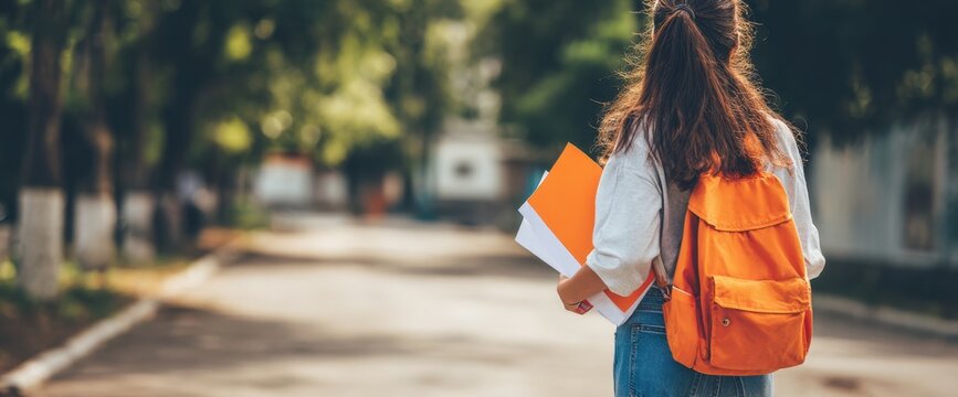 A high school girl carrying books and a backpack, walking on the street She is wearing blue jeans and an orange canvas bag, and a white shirt, holding several small papers in her hand Generative AI