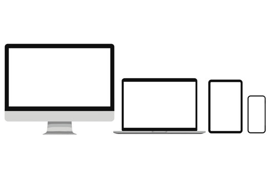 Set of mockup technology devices with empty screens: computer, laptop, tablet, mobile phone, various models, vector transparent PNG, detailed vector illustration