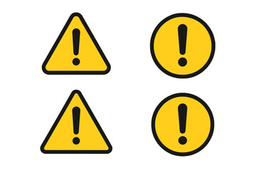 Warning and precaution icons with exclamation marks in triangle and circle shapes, alert symbols for attention, caution signs, danger and hazard indicators, vector graphic