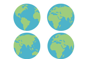 Fototapeta premium World icon flat set, Earth icons collection, globe hemispheres with continents, detailed world maps, transparent background, vector illustration