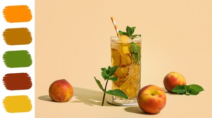 Glass of tasty peach lemonade on beige background. Different color patterns