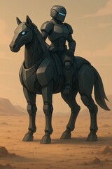 Futuristic Armored Knight Riding Robotic Horse in Desert