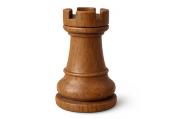 Polished wooden rook chess piece standing on a transparent background, representing strategy, power, and defense in the game