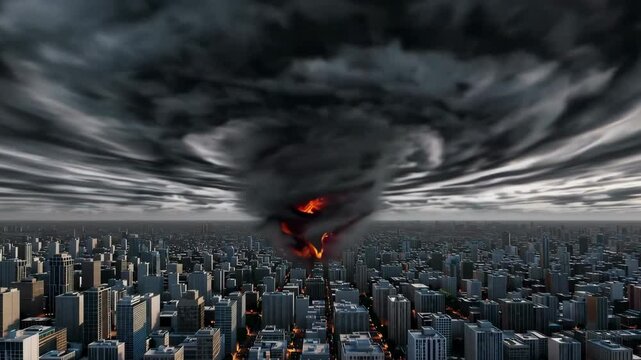 Massive tornado engulfs cityscape as dark clouds intensify and flames emerge