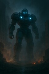 Fototapeta premium Giant Robot Standing in a Destroyed City at Night