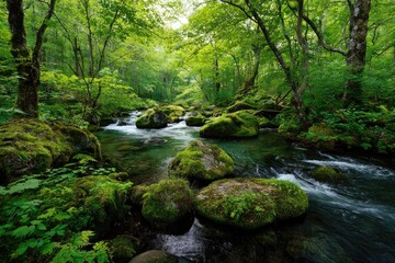 Obraz premium Serene stream meanders through lush, moss-covered rocks and vibrant green forest, sunlight dappling the tranquil scene