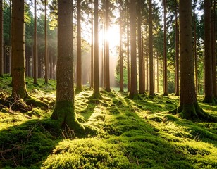 Obraz premium Sunlight streams through a dense forest (7)