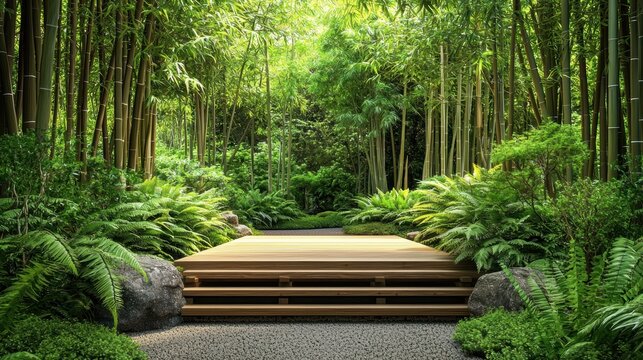 Tranquil forest pathway with lush green bamboo and foliage surrounding wooden steps in nature
