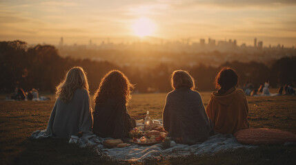 Four friends sitting on ground facing away, enjoying peaceful sunset and city skyline view from grassy hill. Relaxing outdoors together, capturing moment of serene freedom
