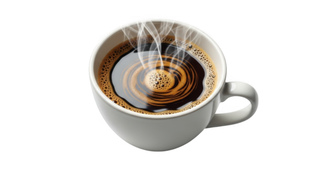 Aromatic Hot Black Coffee in a White Mug Emitting Steam on a Transparent Background