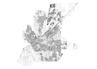 Detailed vector map of Vacaville, CA, showcasing layered infrastructure: precise building footprints and a clear highway network