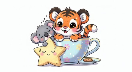 Charming watercolor illustration of a happy tiger in a teacup with a sleeping koala and a star