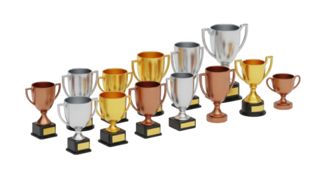 Collection of various trophies in gold silver and bronze for winners and champions in sports and competitions with black background